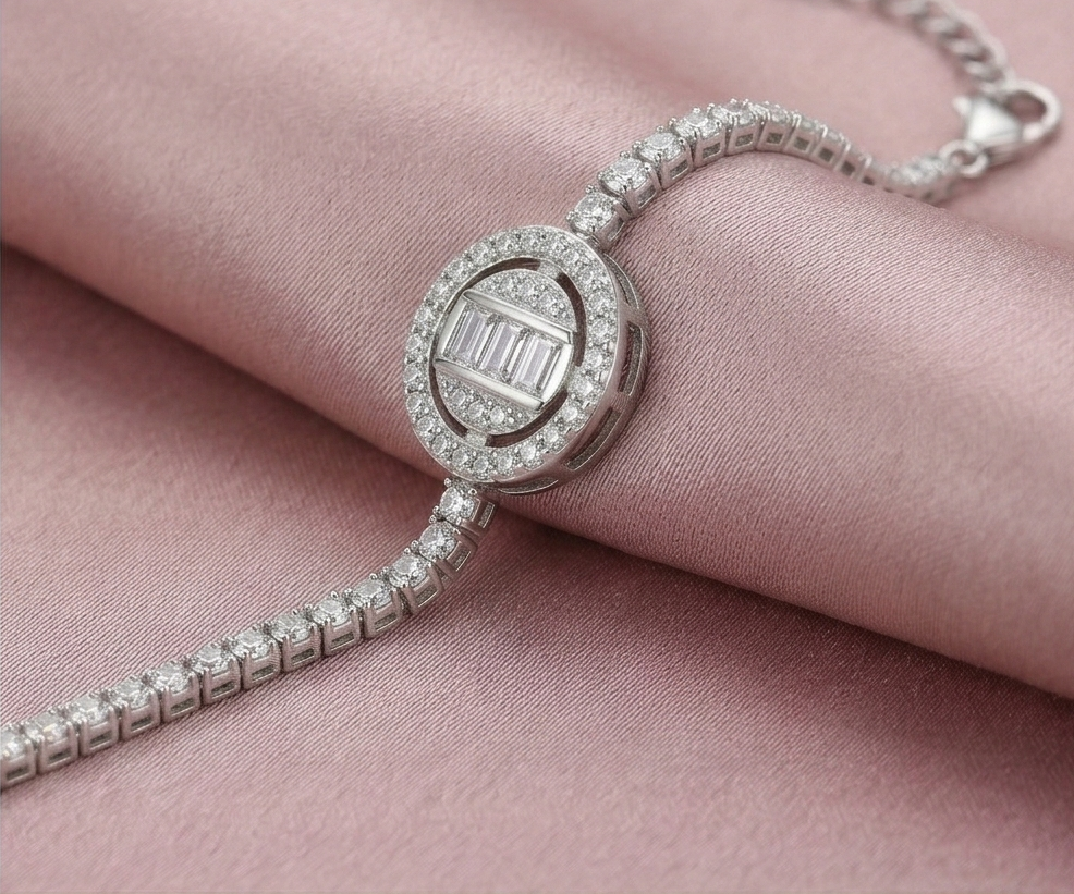 925 Sterling Silver Rhodium Plated Halo Centerpiece Tennis Bracelet Premium Jewellery for Women