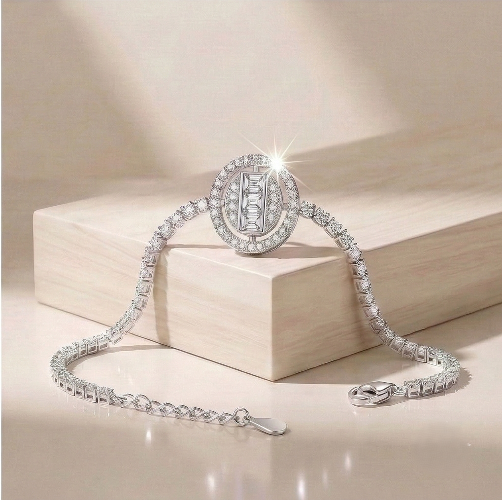 925 Sterling Silver Rhodium Plated Halo Centerpiece Tennis Bracelet Premium Jewellery for Women