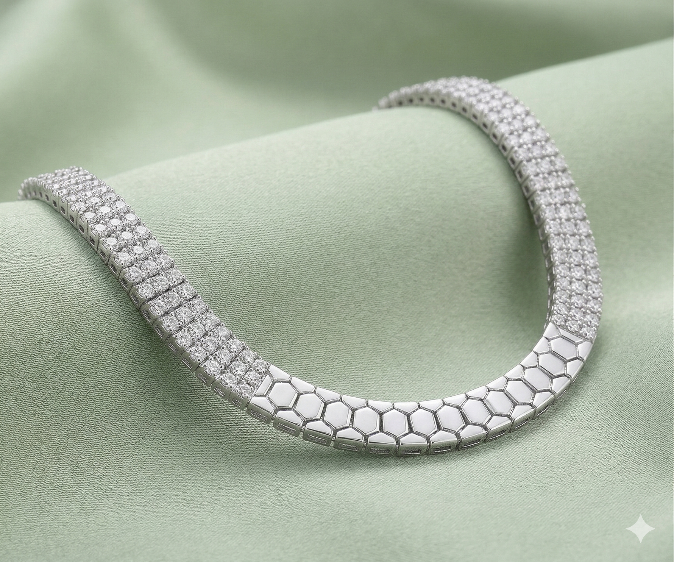 925 Sterling Silver Half Pave Half Honeycomb Bangle Bracelet High Polish Rhodium Premium Finish Modern Statement Jewellery
