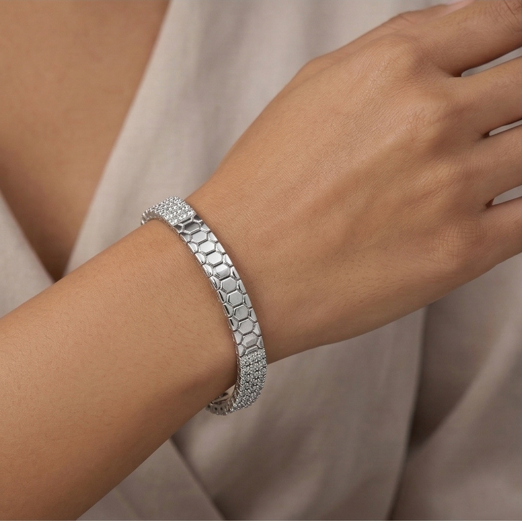925 Sterling Silver Half Pave Half Honeycomb Bangle Bracelet High Polish Rhodium Premium Finish Modern Statement Jewellery