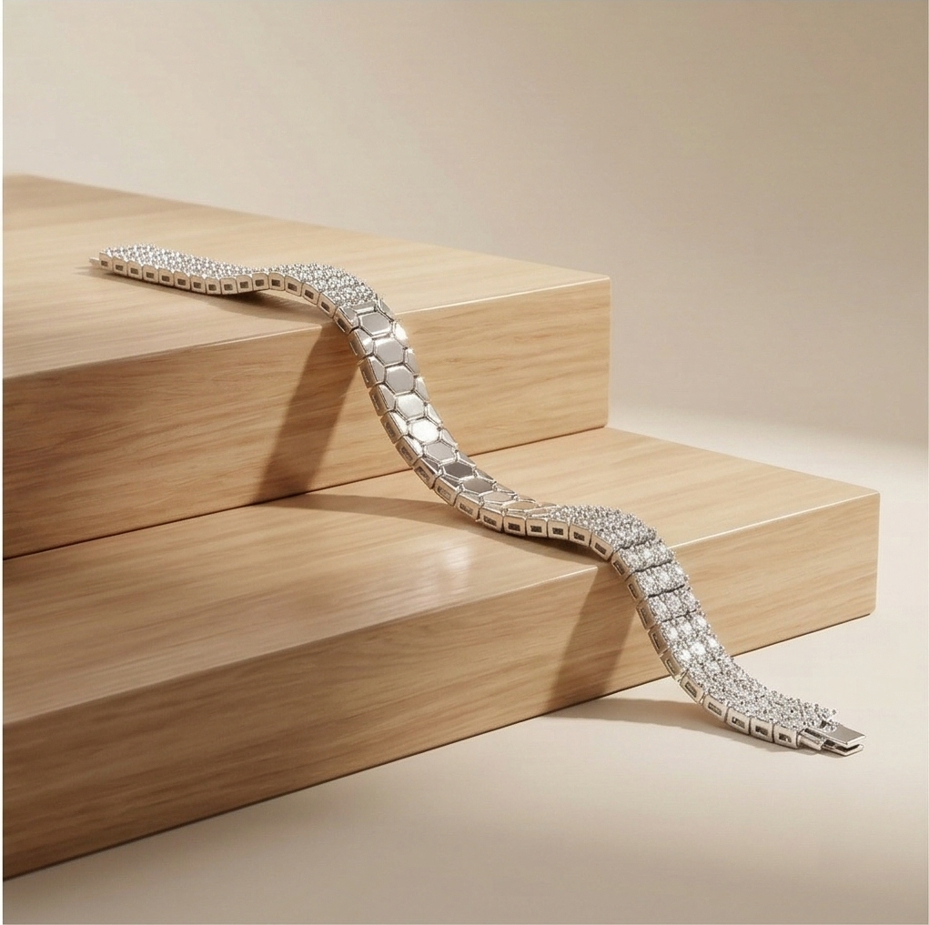925 Sterling Silver Half Pave Half Honeycomb Bangle Bracelet High Polish Rhodium Premium Finish Modern Statement Jewellery