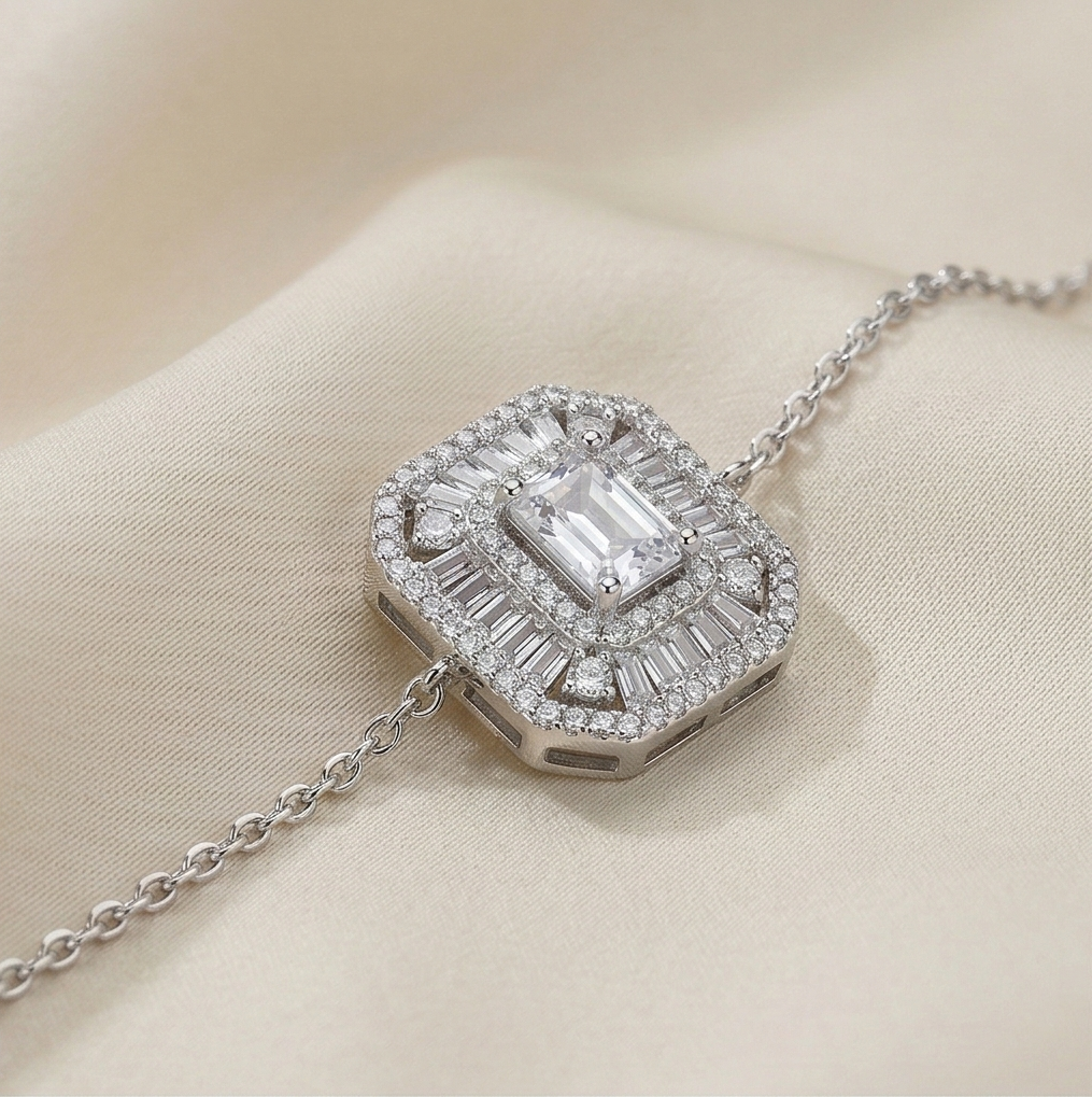 925 Sterling Silver Delicate Octagon Halo Chain Bracelet High Polish Premium Rhodium Finish Minimalist Everyday Jewellery