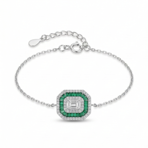 925 Sterling Silver Delicate Octagon Green Halo Chain Bracelet High Polish Premium Rhodium Finish Elegant Daily Wear Jewellery
