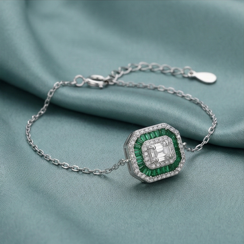 925 Sterling Silver Delicate Octagon Green Halo Chain Bracelet High Polish Premium Rhodium Finish Elegant Daily Wear Jewellery