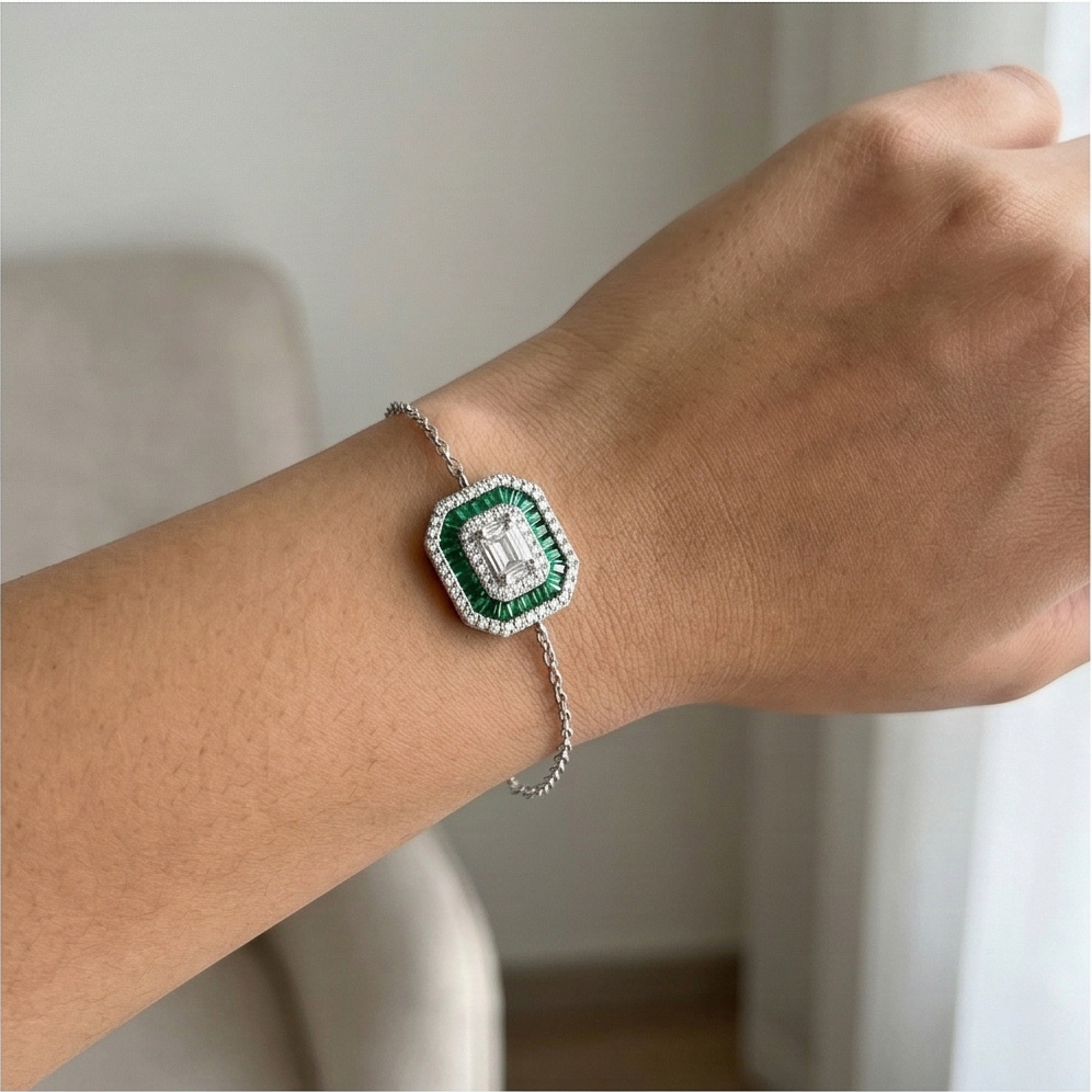 925 Sterling Silver Delicate Octagon Green Halo Chain Bracelet High Polish Premium Rhodium Finish Elegant Daily Wear Jewellery