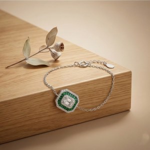 925 Sterling Silver Delicate Octagon Green Halo Chain Bracelet High Polish Premium Rhodium Finish Elegant Daily Wear Jewellery