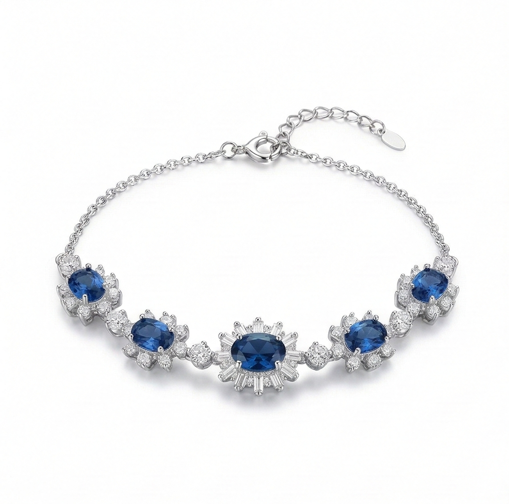925 Sterling Silver Floral Blue Oval Link Bracelet High Polish Premium Rhodium Finish Elegant Party Wear Jewellery