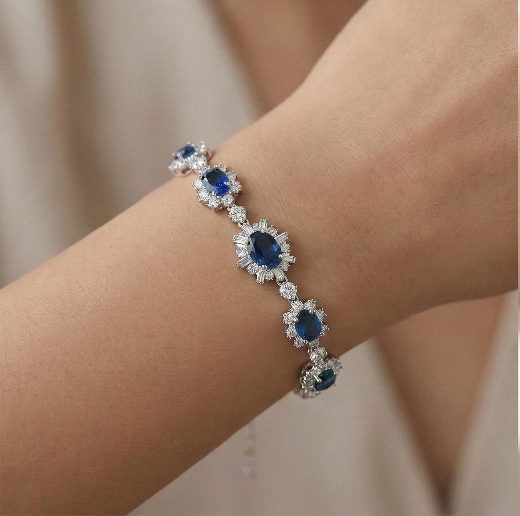 925 Sterling Silver Floral Blue Oval Link Bracelet High Polish Premium Rhodium Finish Elegant Party Wear Jewellery