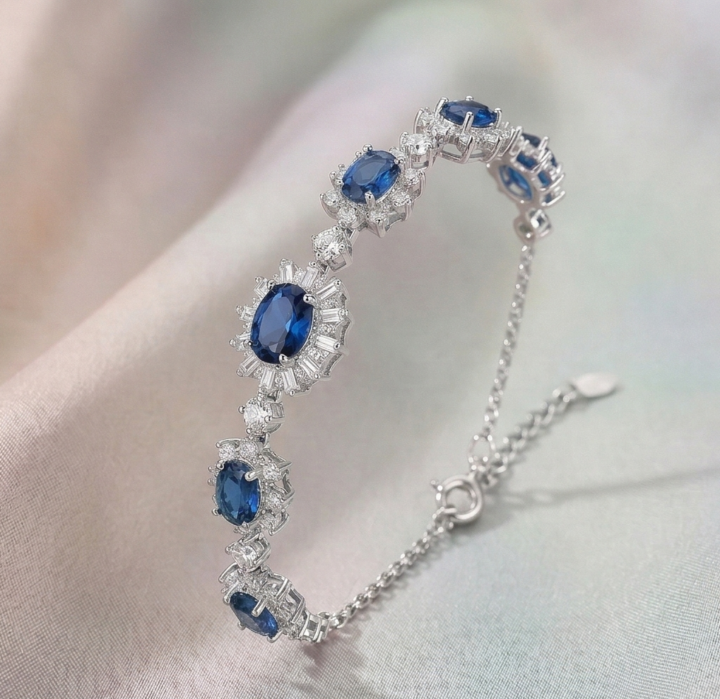 925 Sterling Silver Floral Blue Oval Link Bracelet High Polish Premium Rhodium Finish Elegant Party Wear Jewellery