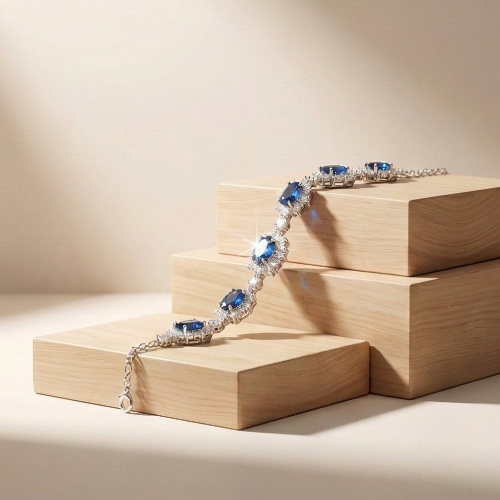 925 Sterling Silver Floral Blue Oval Link Bracelet High Polish Premium Rhodium Finish Elegant Party Wear Jewellery