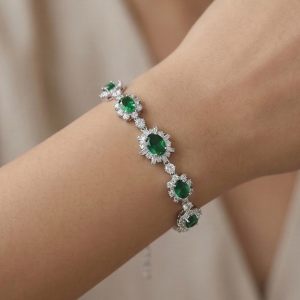 925 Sterling Silver Floral Green Oval Link Bracelet High Polish Premium Rhodium Finish Romantic Festive Women's Jewellery