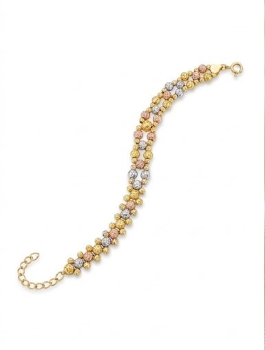 925 Sterling Silver Tri-Color Multi-Strand Beaded Bracelet High Polish Premium Yellow and Rose Gold Finish Everyday Jewellery