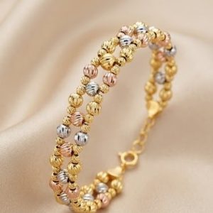 925 Sterling Silver Tri-Color Multi-Strand Beaded Bracelet High Polish Premium Yellow and Rose Gold Finish Everyday Jewellery