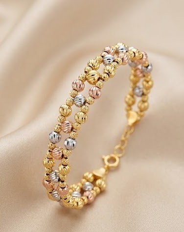 925 Sterling Silver Tri-Color Multi-Strand Beaded Bracelet High Polish Premium Yellow and Rose Gold Finish Everyday Jewellery