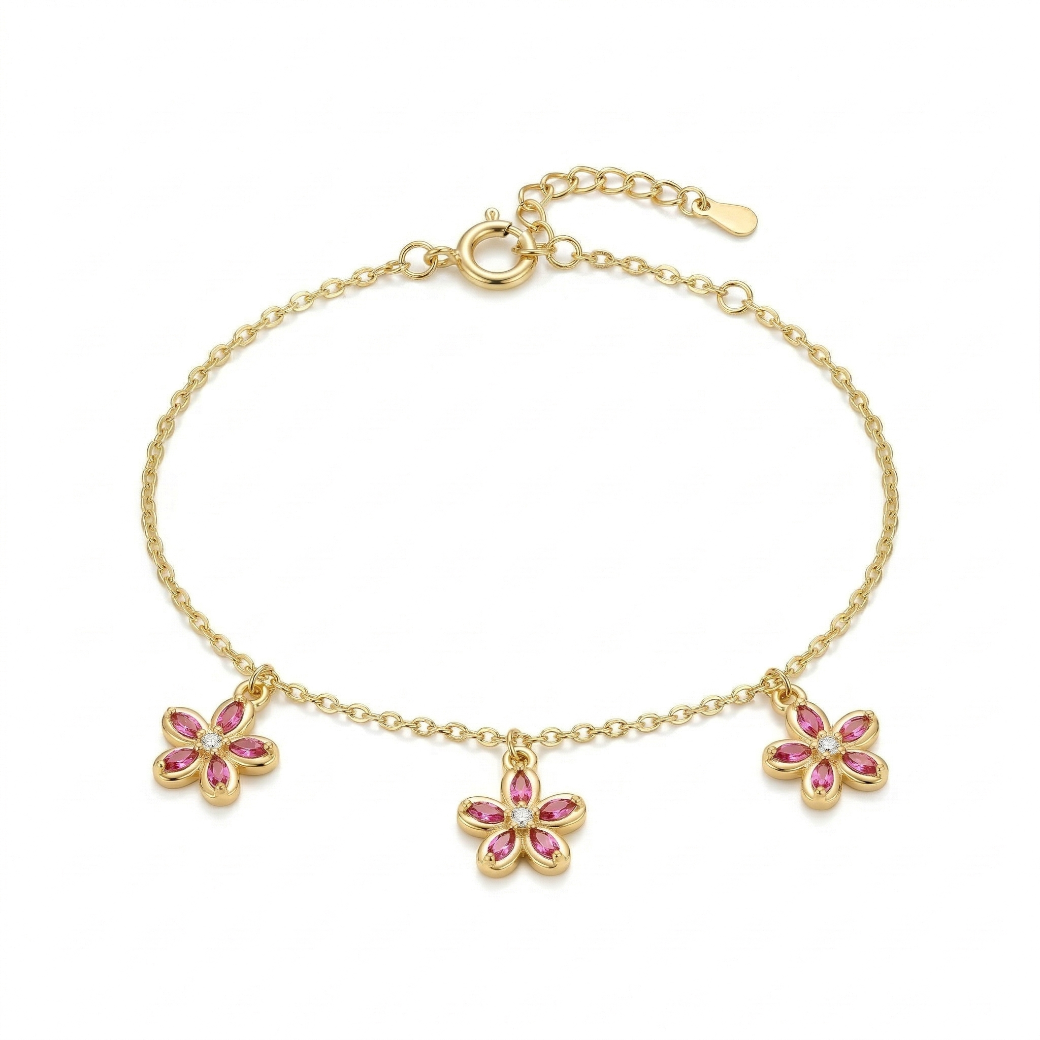 925 Sterling Silver Pink Floral Charm Bracelet with Premium Gold Finish Fashion Jewellery