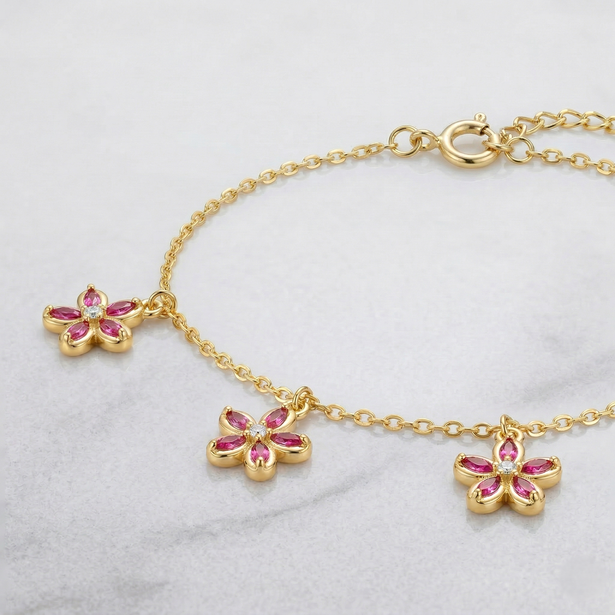 925 Sterling Silver Pink Floral Charm Bracelet with Premium Gold Finish Fashion Jewellery