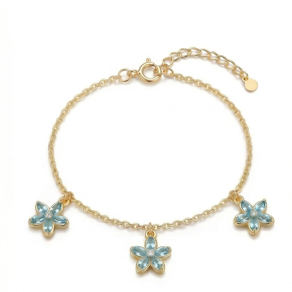 925 Sterling Silver Blue Floral Chain Bracelet with Premium Gold Finish Elegant Jewellery