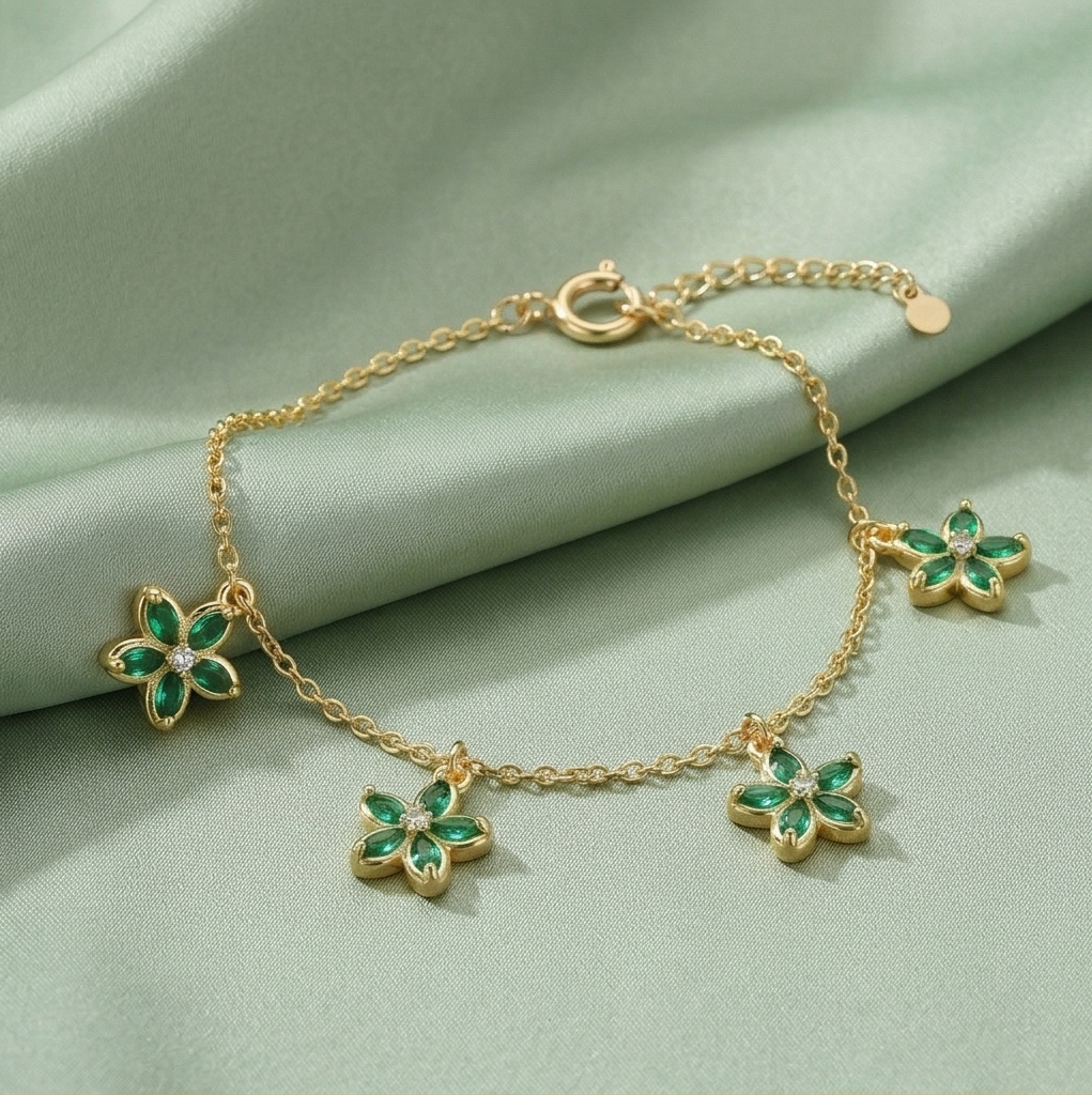 925 Sterling Silver Green Floral Charm Bracelet with Premium Gold Finish Classic Jewellery