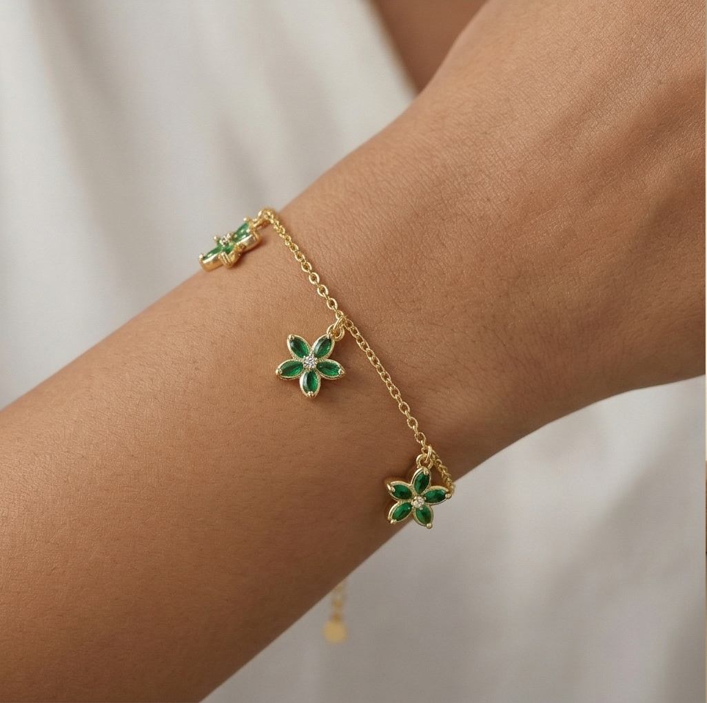 925 Sterling Silver Green Floral Charm Bracelet with Premium Gold Finish Classic Jewellery