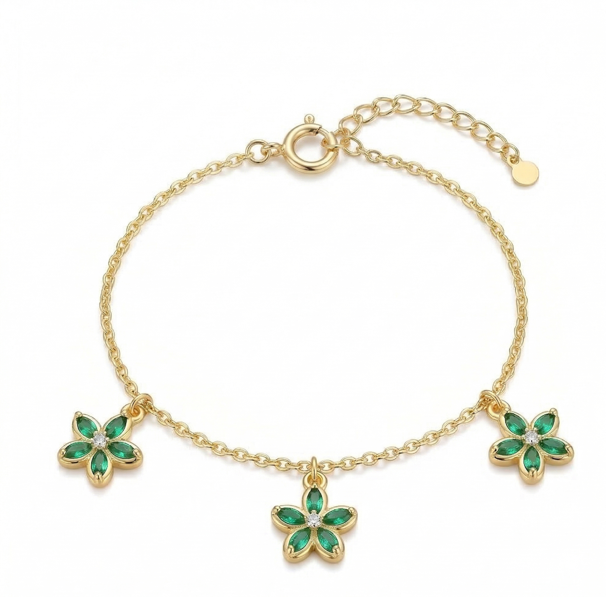 925 Sterling Silver Green Floral Charm Bracelet with Premium Gold Finish Classic Jewellery