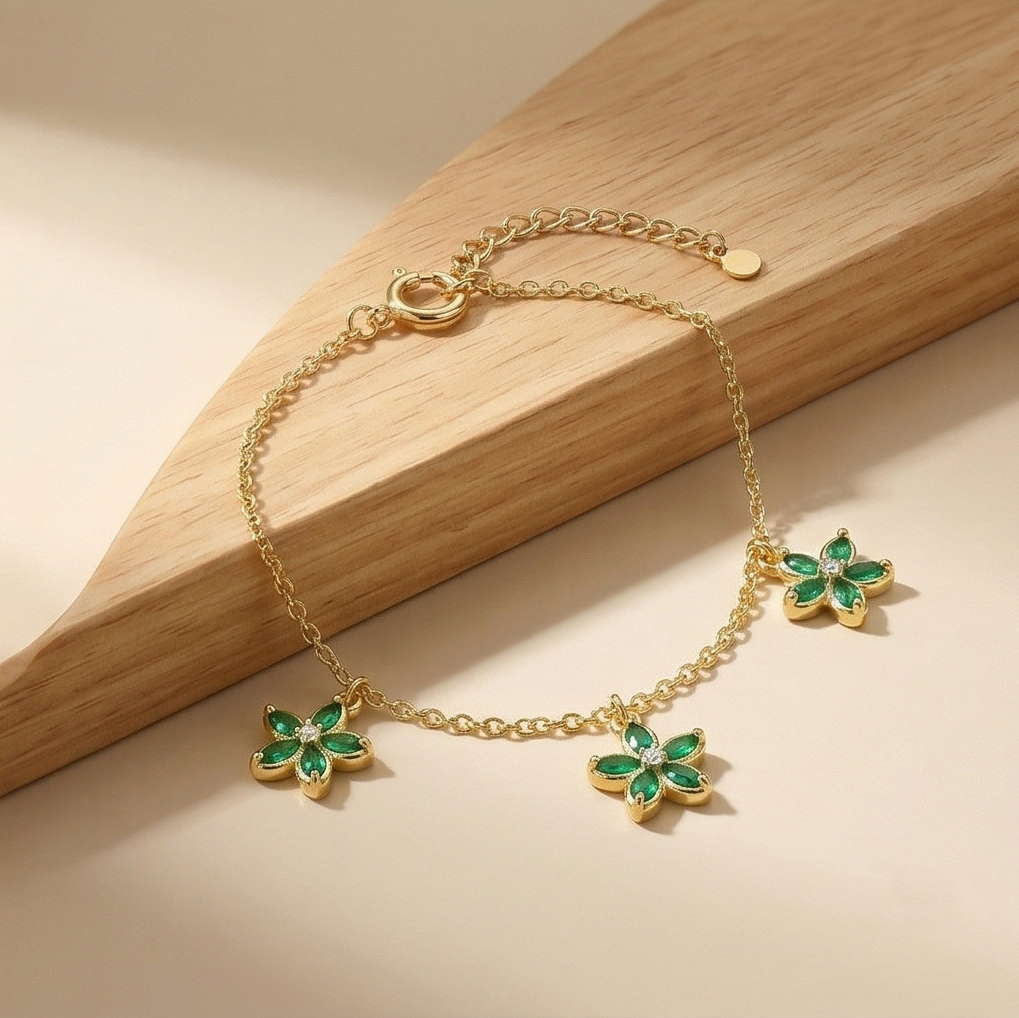 925 Sterling Silver Green Floral Charm Bracelet with Premium Gold Finish Classic Jewellery