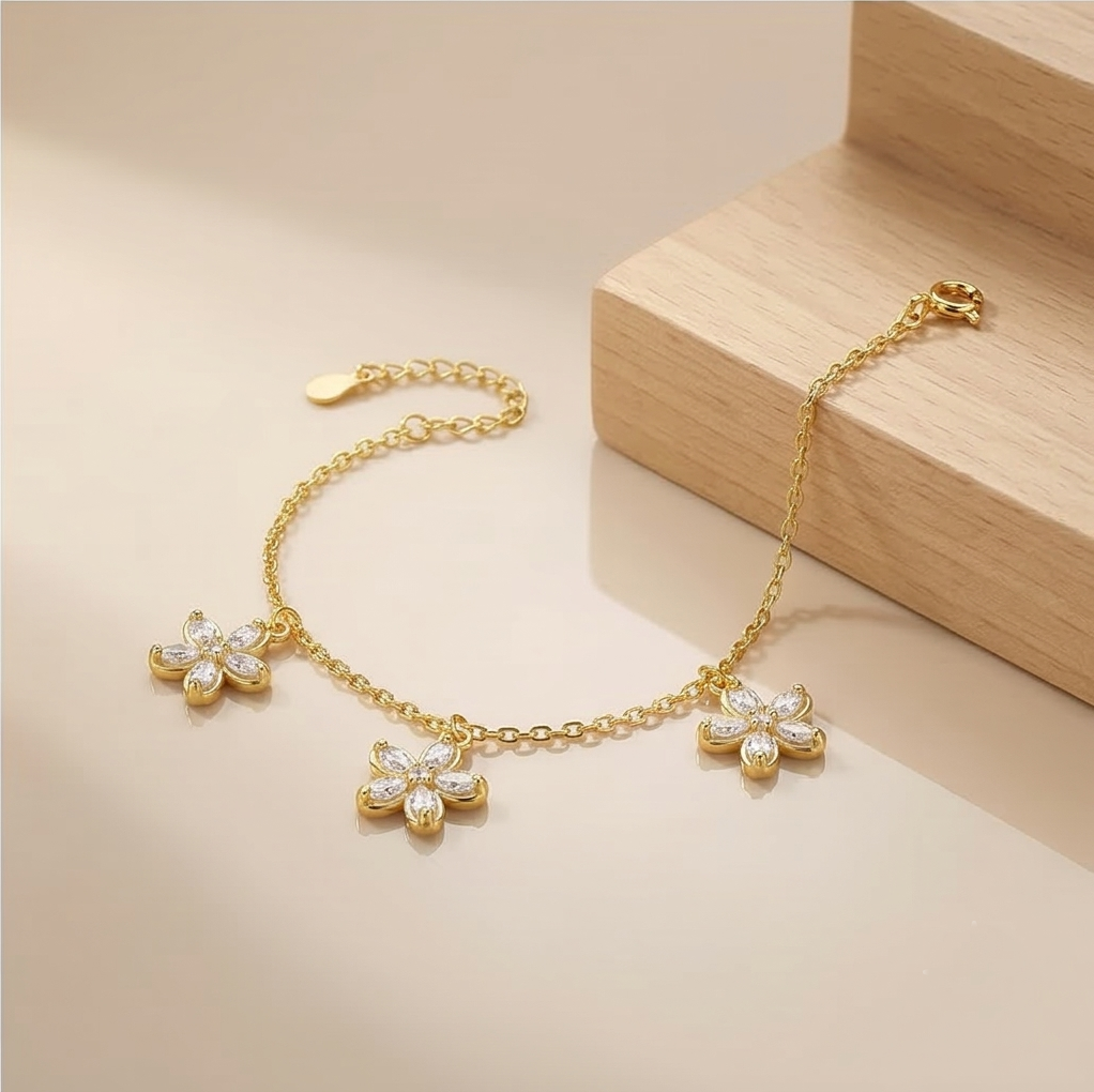 925 Sterling Silver Floral Link Bracelet with Premium Gold Finish Fine Jewellery for Women