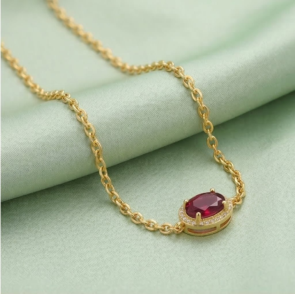 925 Sterling Silver Red Oval Halo Bracelet with Premium Gold Finish Premium Jewellery
