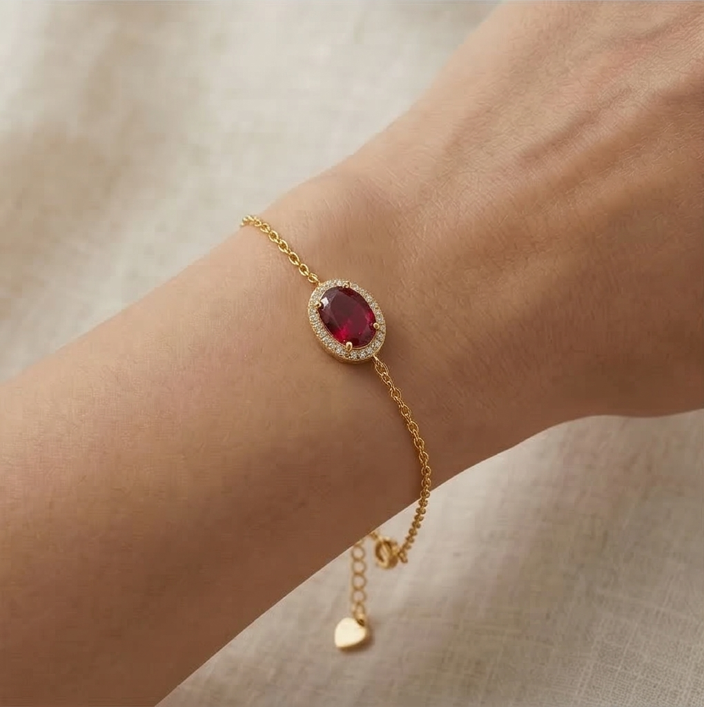 925 Sterling Silver Red Oval Halo Bracelet with Premium Gold Finish Premium Jewellery