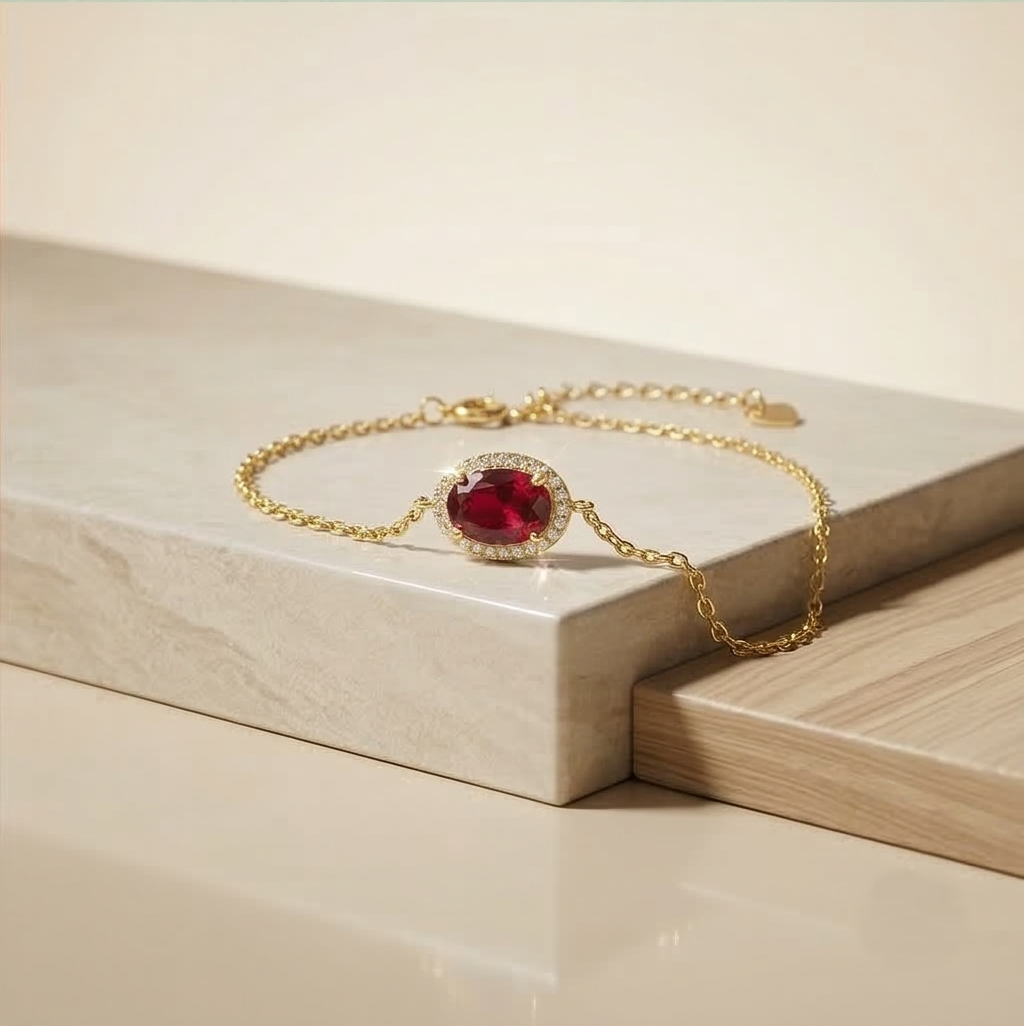925 Sterling Silver Red Oval Halo Bracelet with Premium Gold Finish Premium Jewellery
