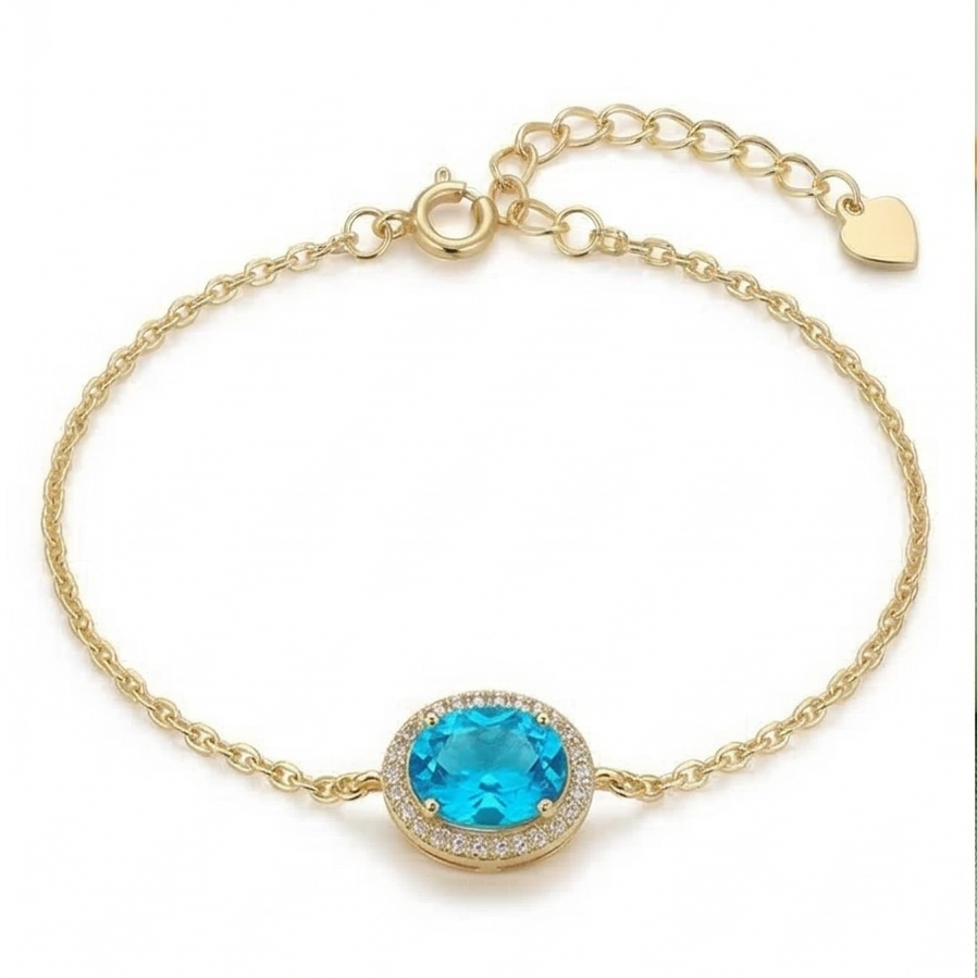 925 Sterling Silver Blue Oval Halo Bracelet with Premium Gold Finish Fine Jewellery
