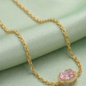 925 Sterling Silver Pink Oval Halo Bracelet with Premium Gold Finish Delicate Jewellery
