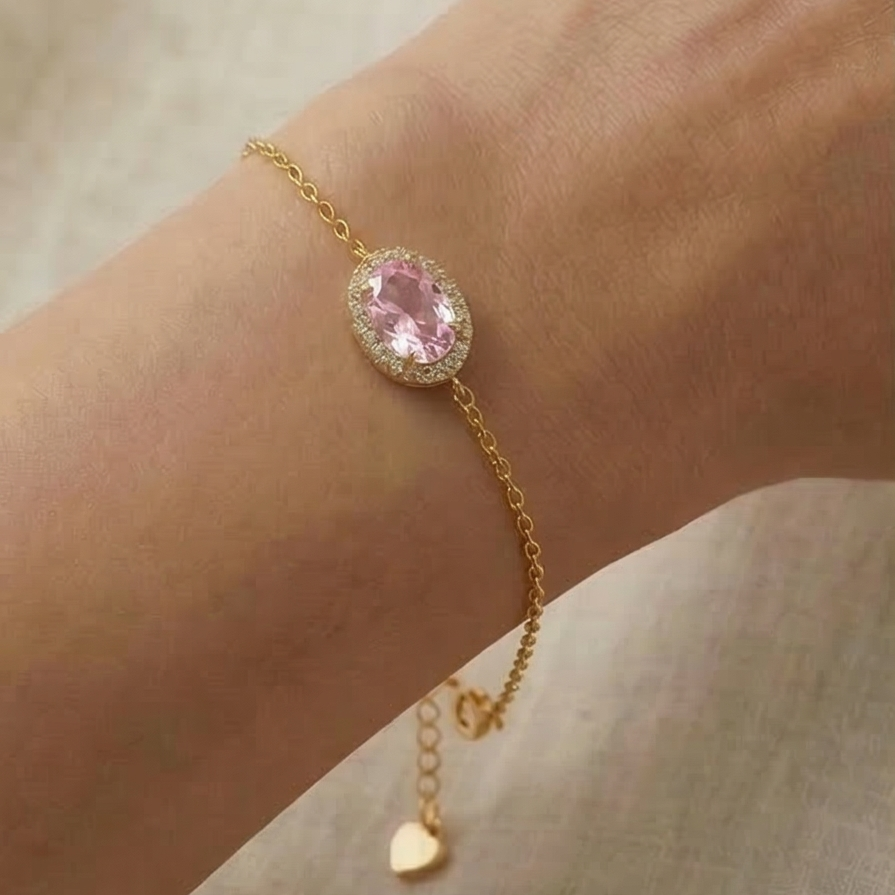 925 Sterling Silver Pink Oval Halo Bracelet with Premium Gold Finish Delicate Jewellery
