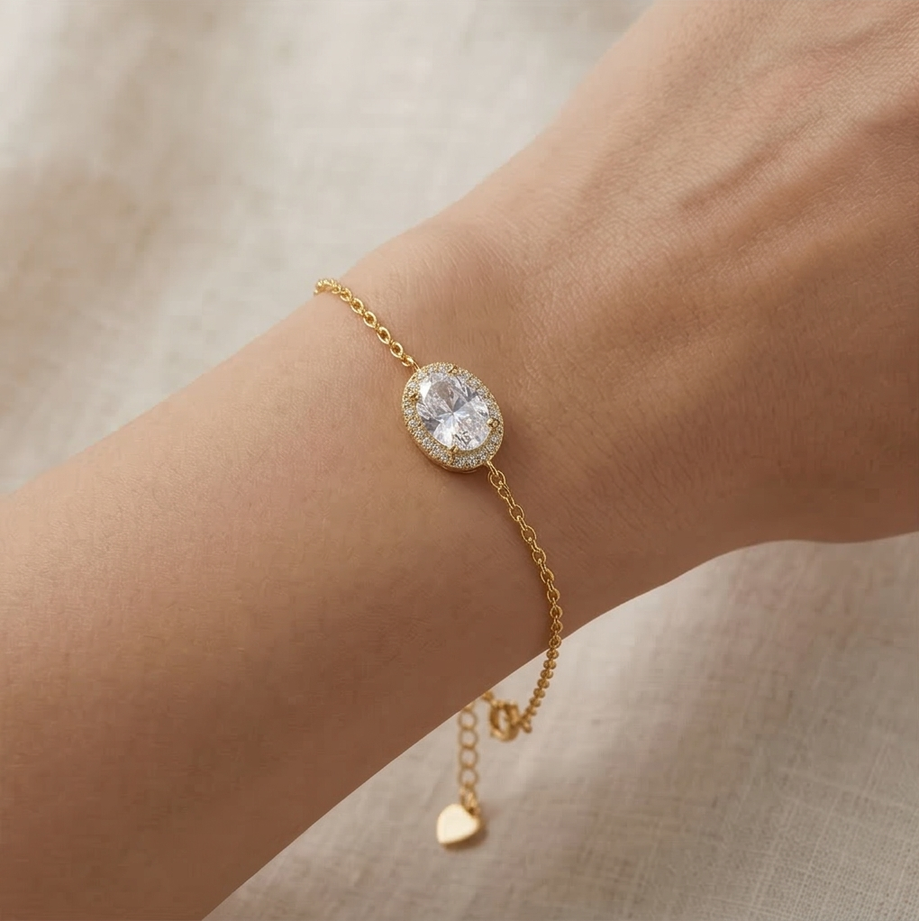 925 Sterling Silver Oval Halo Bracelet with Premium Gold Finish Minimalist Jewellery