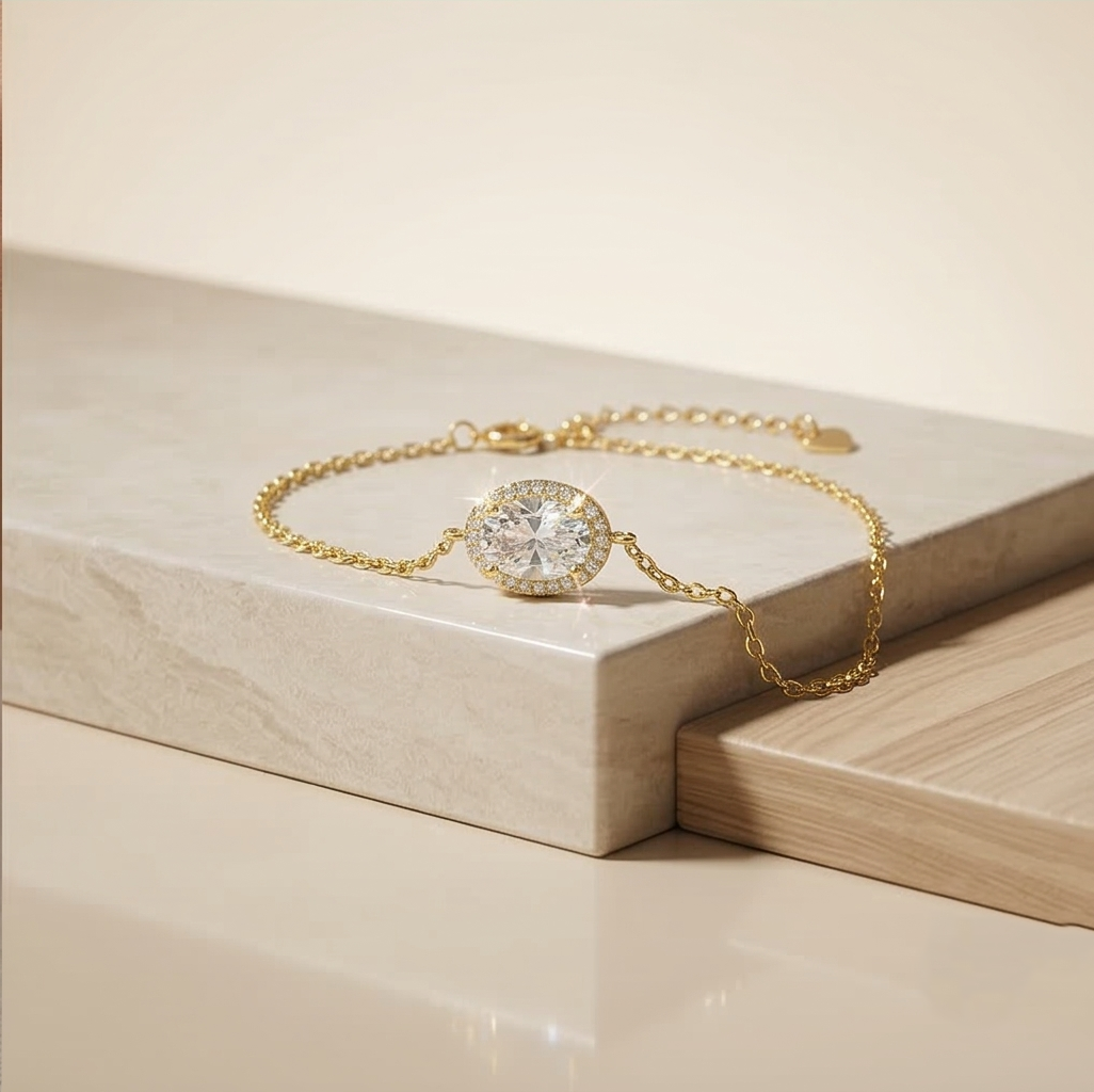 925 Sterling Silver Oval Halo Bracelet with Premium Gold Finish Minimalist Jewellery
