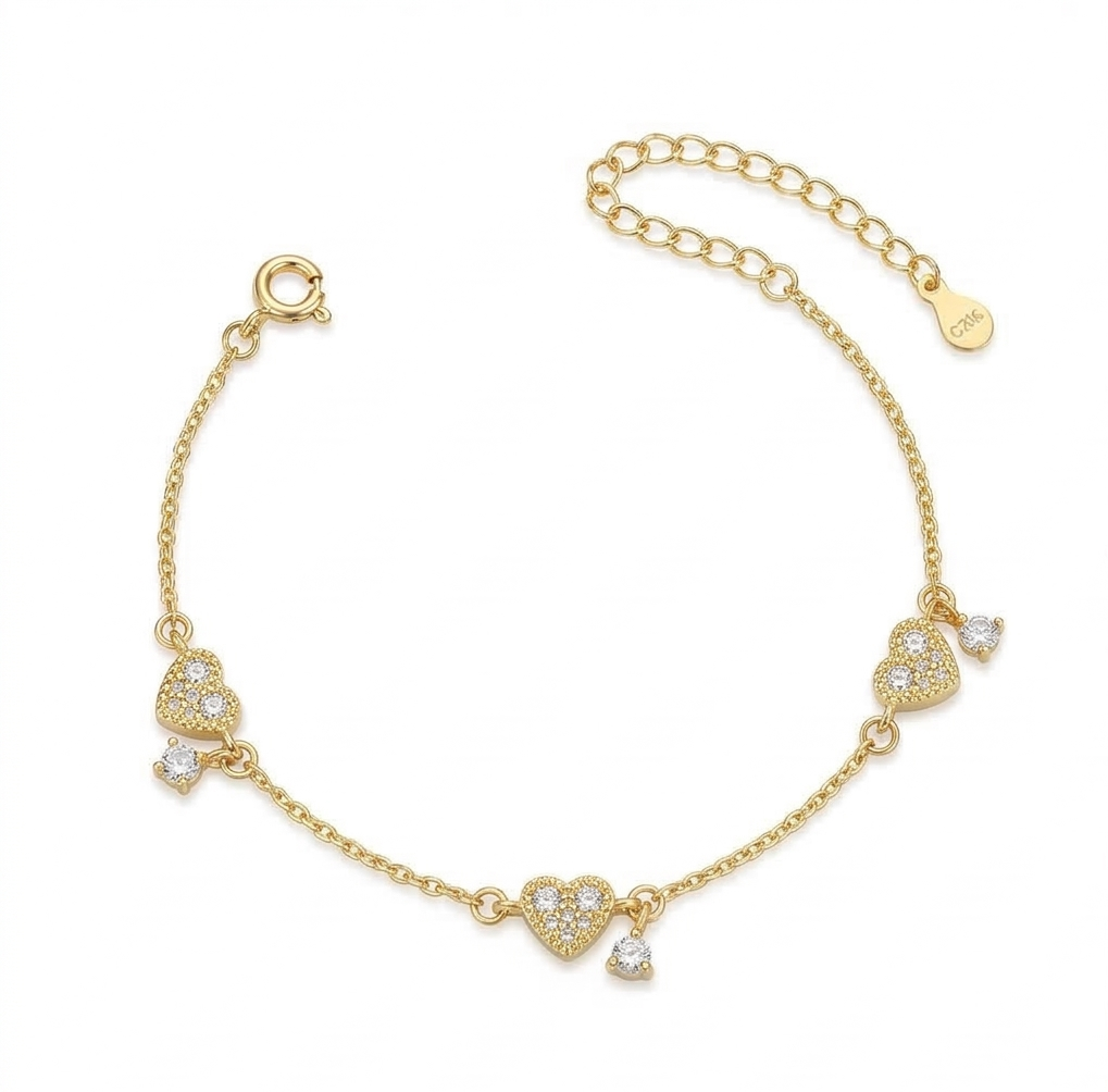 925 Sterling Silver Pave Heart Bracelet with Premium Gold Finish Romantic Jewellery
