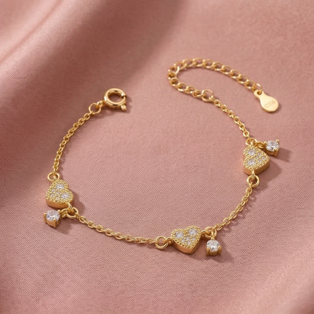 925 Sterling Silver Pave Heart Bracelet with Premium Gold Finish Romantic Jewellery