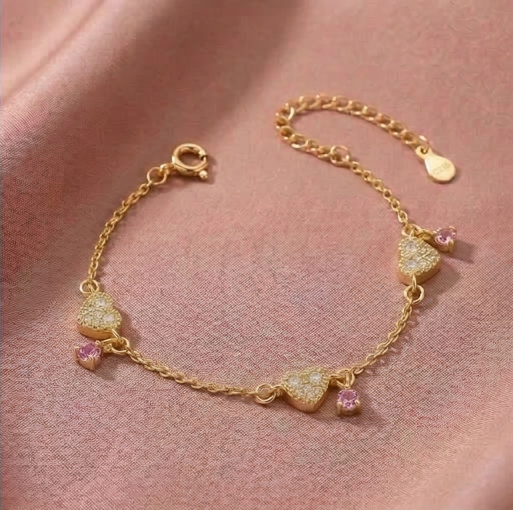 925 Sterling Silver Gold Plated Heart and Pink Stone Bracelet Premium Jewellery for Women