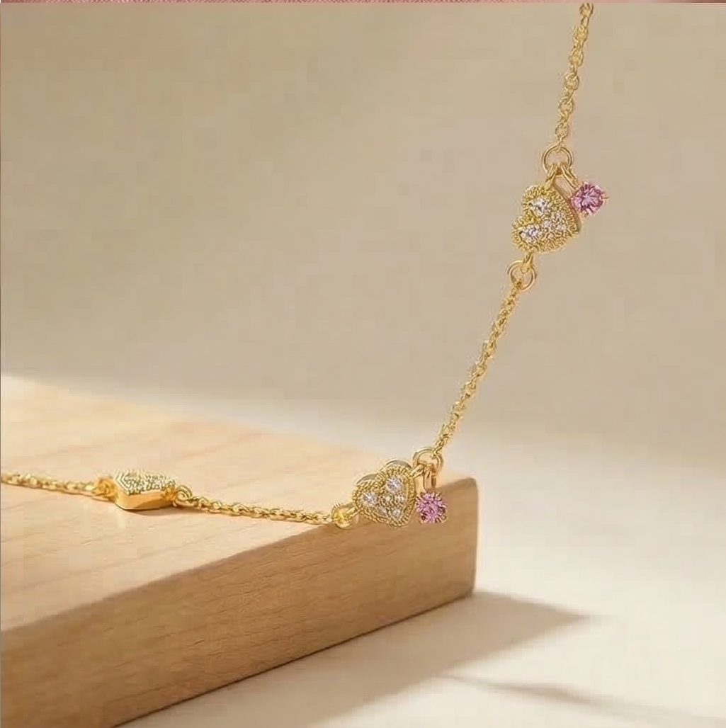 925 Sterling Silver Gold Plated Heart and Pink Stone Bracelet Premium Jewellery for Women