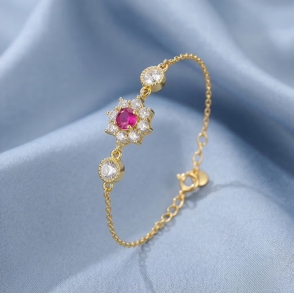 925 Sterling Silver Gold Plated Pink Floral Bracelet Premium Jewellery for Women