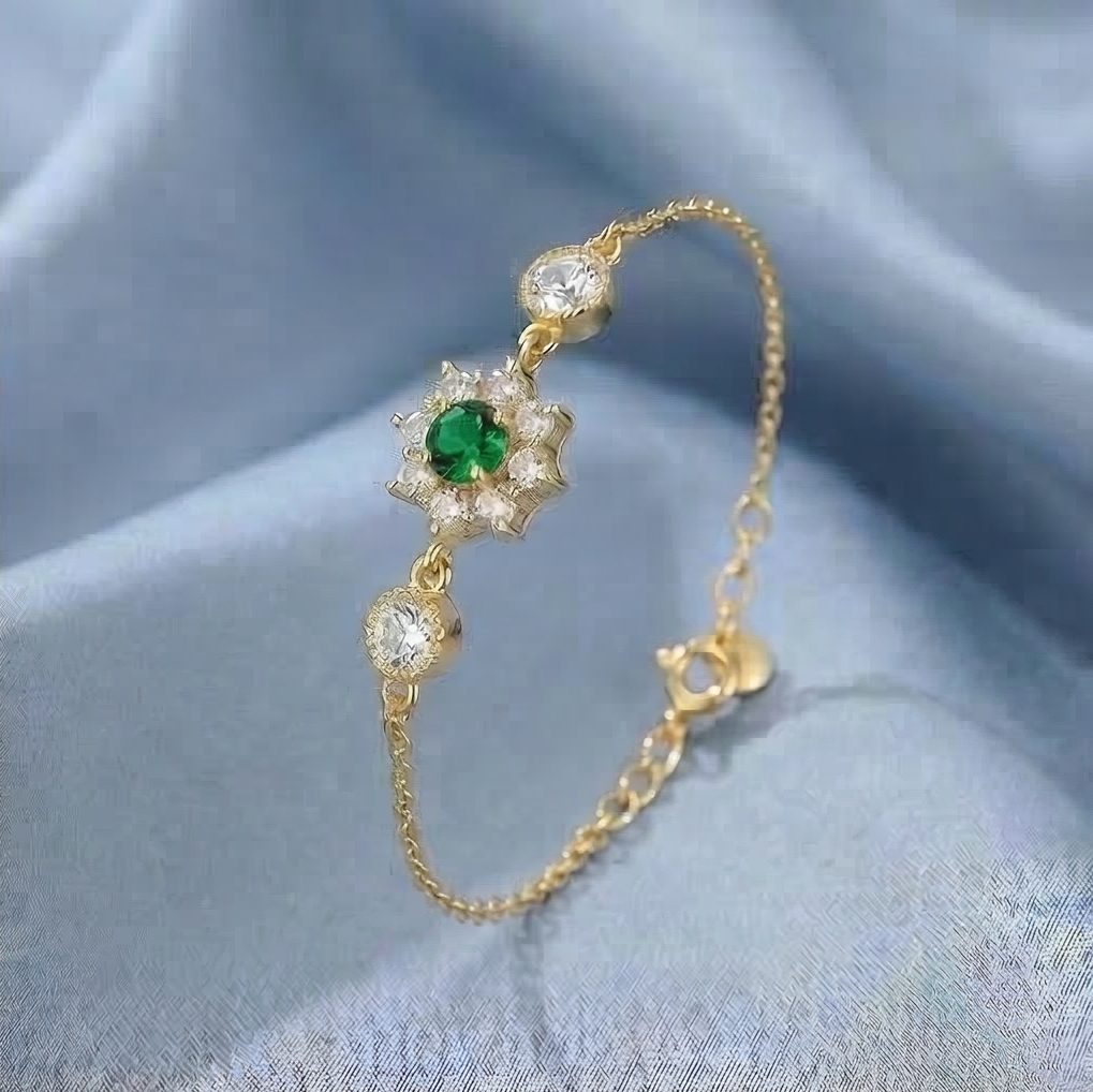 925 Sterling Silver Gold Plated Green Floral Bracelet Premium Jewellery for Women