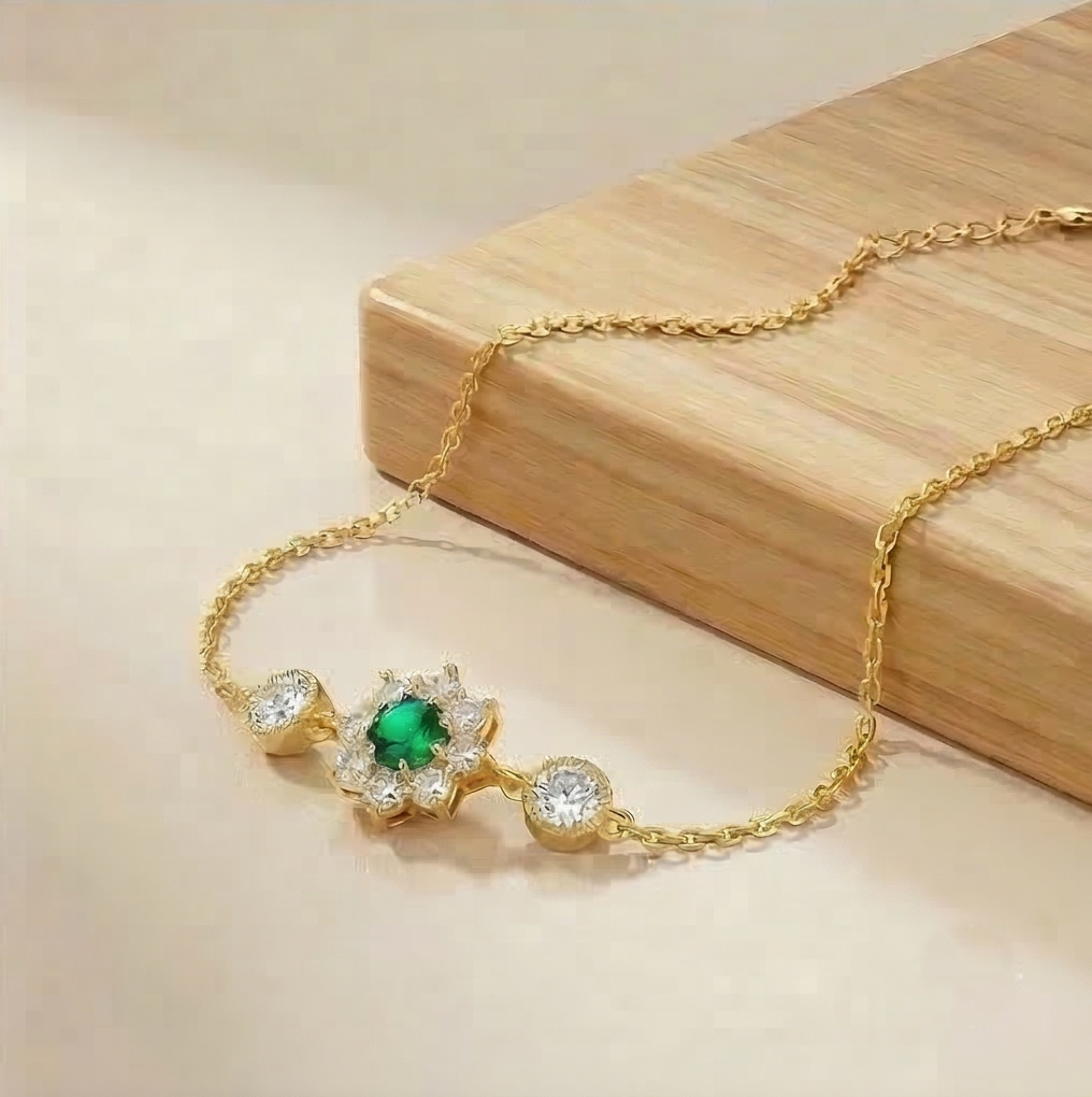 925 Sterling Silver Gold Plated Green Floral Bracelet Premium Jewellery for Women