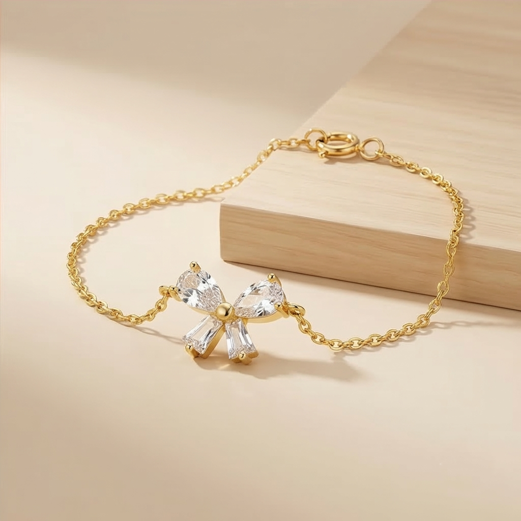 925 Sterling Silver Ribbon Bow Bracelet in Gold Finish Dainty Premium Jewellery for Women