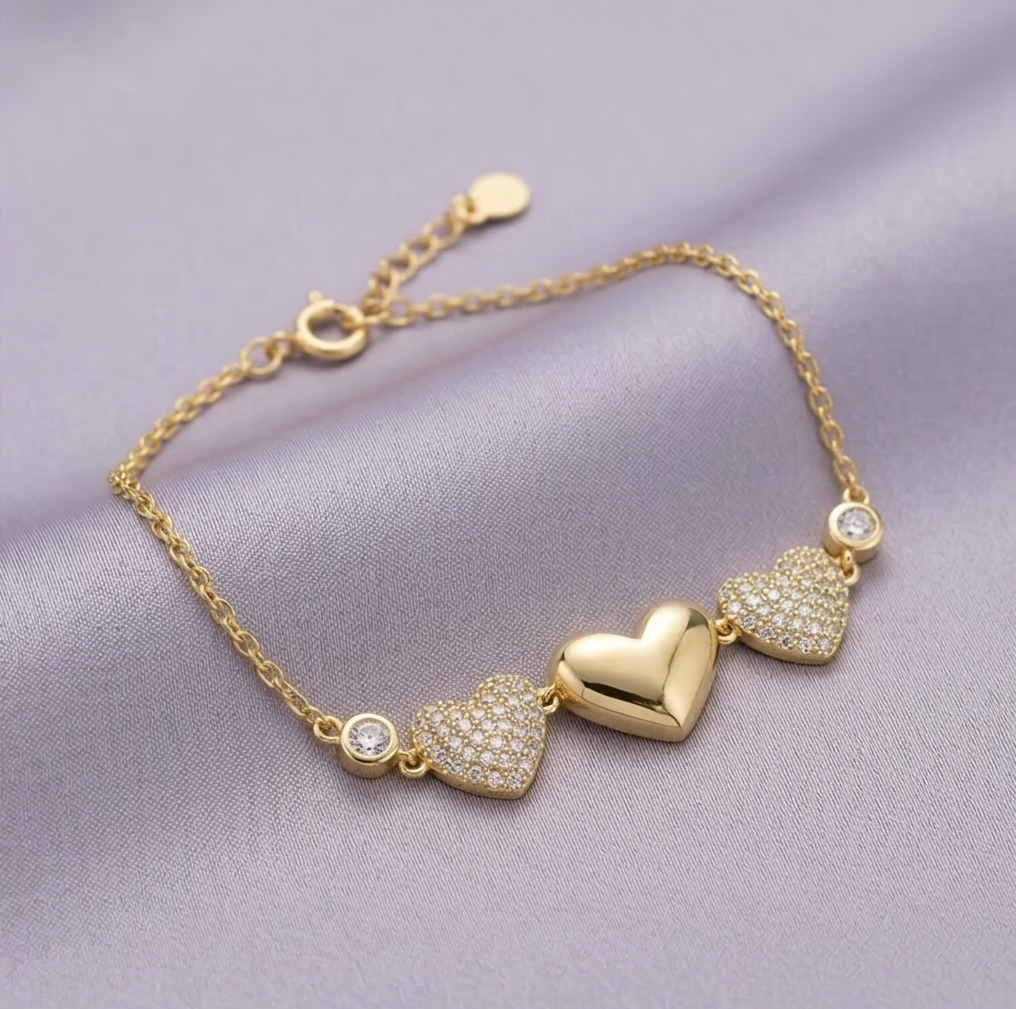 925 Sterling Silver Triple Heart Bracelet in Premium Gold Finish Romantic Jewellery for Women