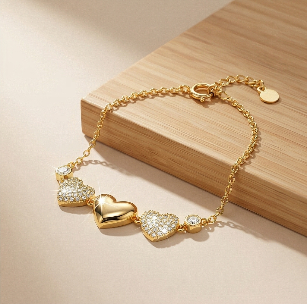 925 Sterling Silver Triple Heart Bracelet in Premium Gold Finish Romantic Jewellery for Women