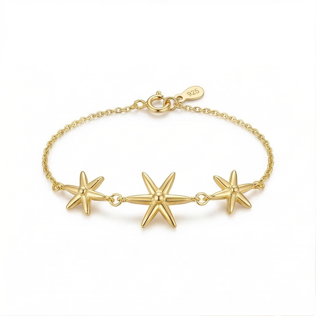 925 Sterling Silver Triple Starfish Bracelet in Premium Gold Finish Everyday Jewellery for Women
