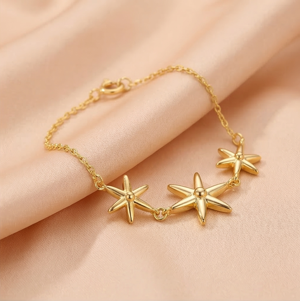 925 Sterling Silver Triple Starfish Bracelet in Premium Gold Finish Everyday Jewellery for Women