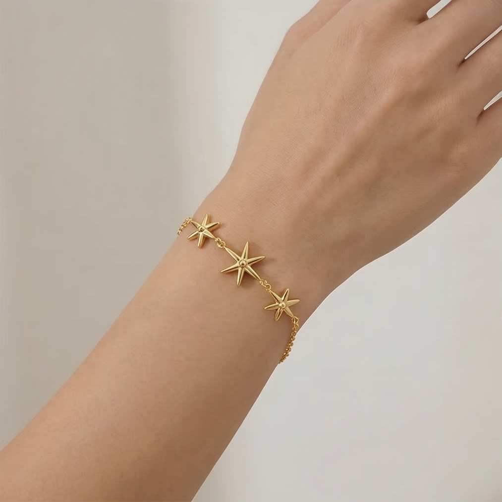 925 Sterling Silver Triple Starfish Bracelet in Premium Gold Finish Everyday Jewellery for Women