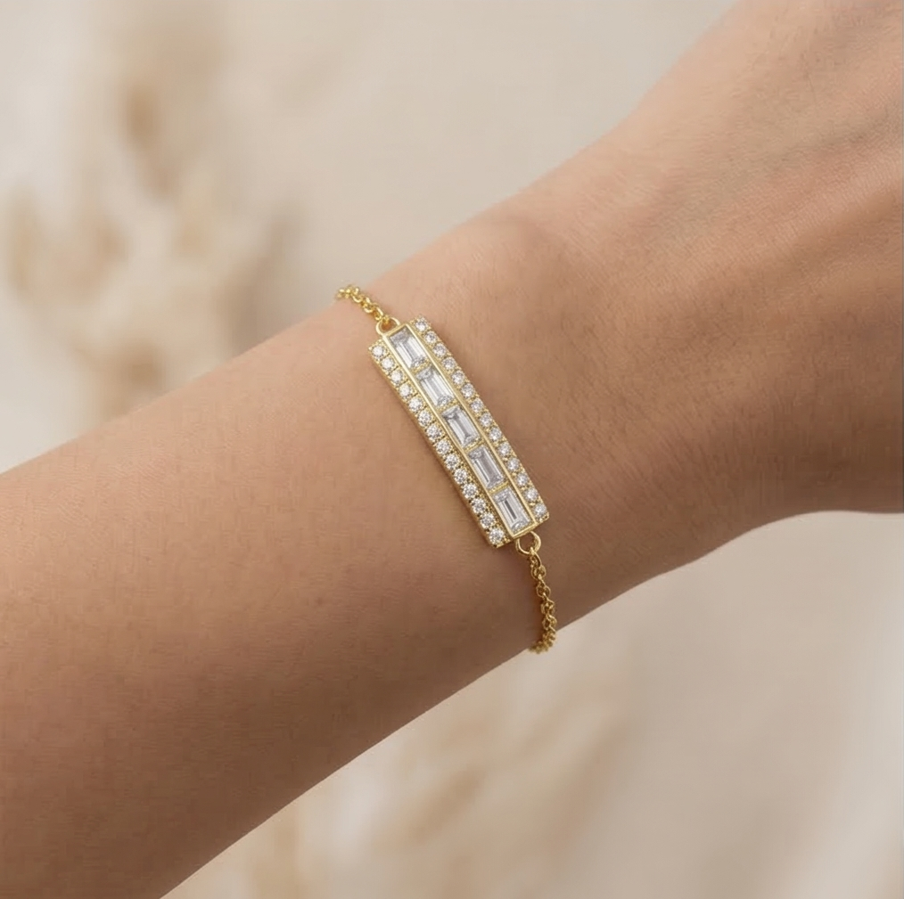 925 Sterling Silver Baguette Bar Bracelet in Premium Gold Finish Jewellery for Women