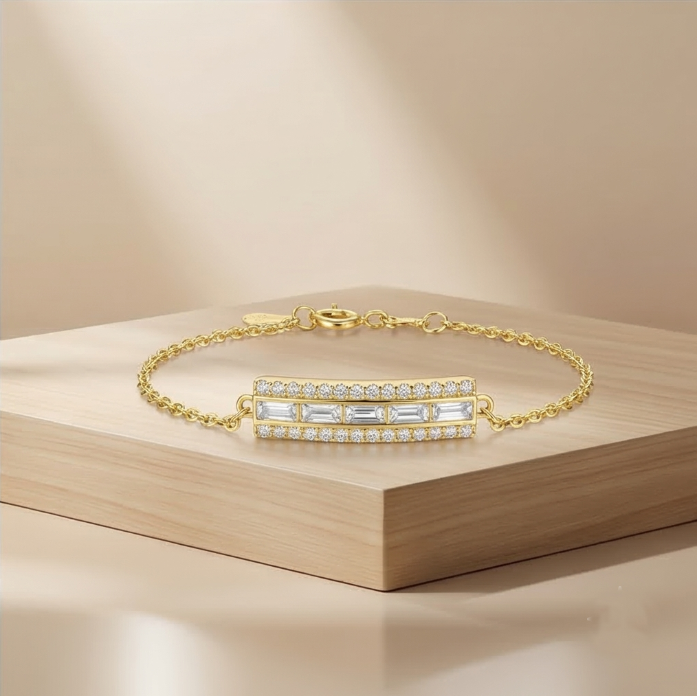 925 Sterling Silver Baguette Bar Bracelet in Premium Gold Finish Jewellery for Women
