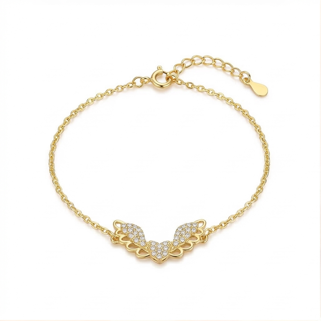 925 Sterling Silver Angel Wing Bracelet in Premium Gold Finish Ethereal Jewellery for Women
